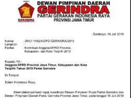 Beredar Surat Partai Gerindra Jatim Instruksikan Anggota DPRD Terpilih Setor Uang Rp 50 juta hingga Rp 100 Juta