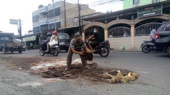 Geram Jalan Lubang Tak Segera Diperbaiki, Warga Waru Sidoarjo Tambal Pakai Serabut Kelapa