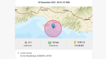 Gempa Magintudo 5,1 SR Guncang Jember dan Sekitarnya Kamis Pagi