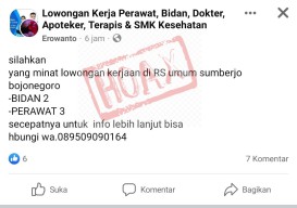 Beredar di Grup Facebook, Loker di RSUD Sumberrejo Ternyata Hoaks