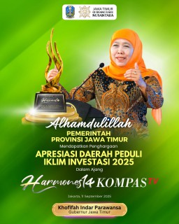Raih Penghargaan Daerah Peduli Iklim Investasi, Gubernur Khofifah: Bukti Jatim Jadi Idola dan Magnet Investor