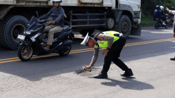 Polres Gresik Tandai Jalan Berlubang di Raya Deandles Demi Keselamatan Pengendara