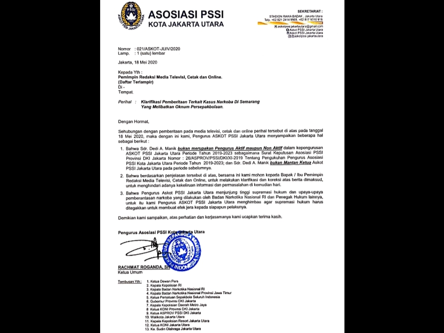 Klarifikasi Pemberitaan Kasus Narkoba di Semarang Yang Melibatkan Oknum Persepakbolaan