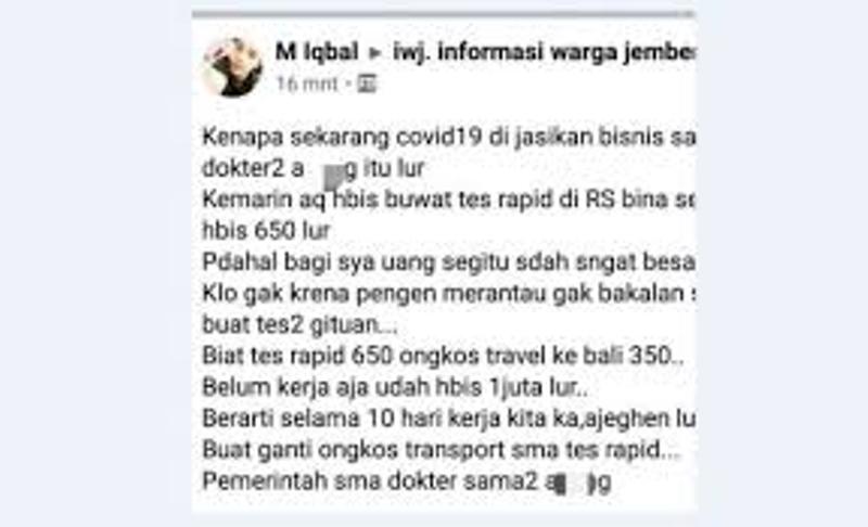 Sebut Virus Corona Sebagai Ajang Bisnis Dokter, Pemilik Akun Facebook di Jember Dipolisikan IDI