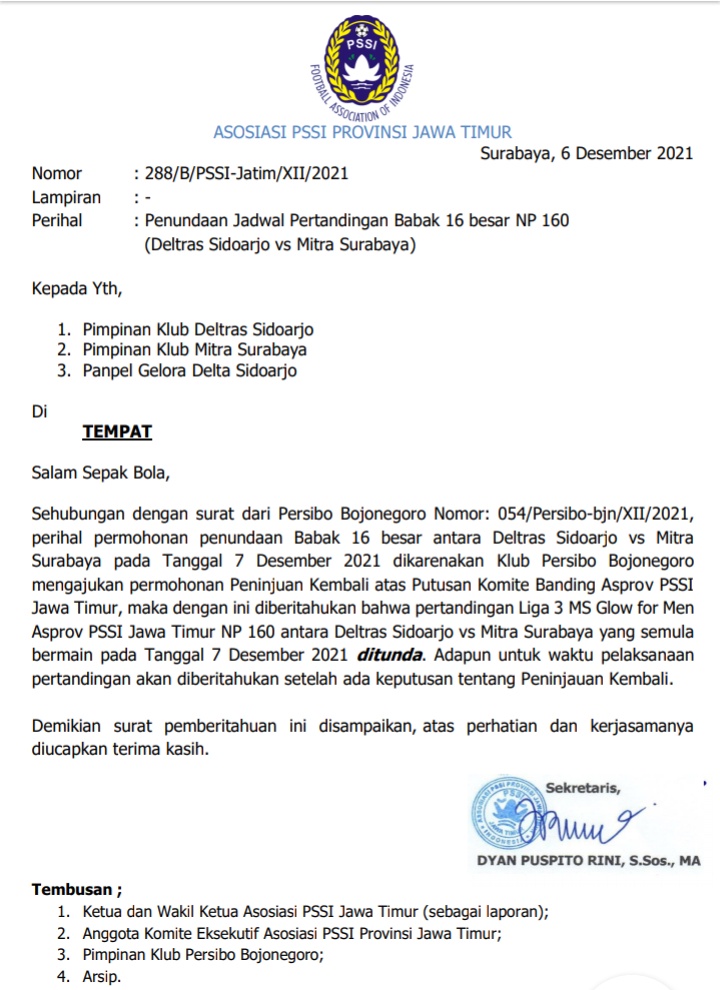 Kabulkan PK Persibo, PSSI Jatim Tunda Laga Babak 16 Besar Deltras Vs Mitra Surabaya