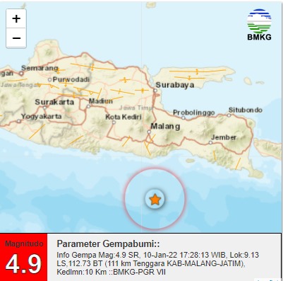 Gempa Tektonik Magnitudo 4,9 Guncang Malang