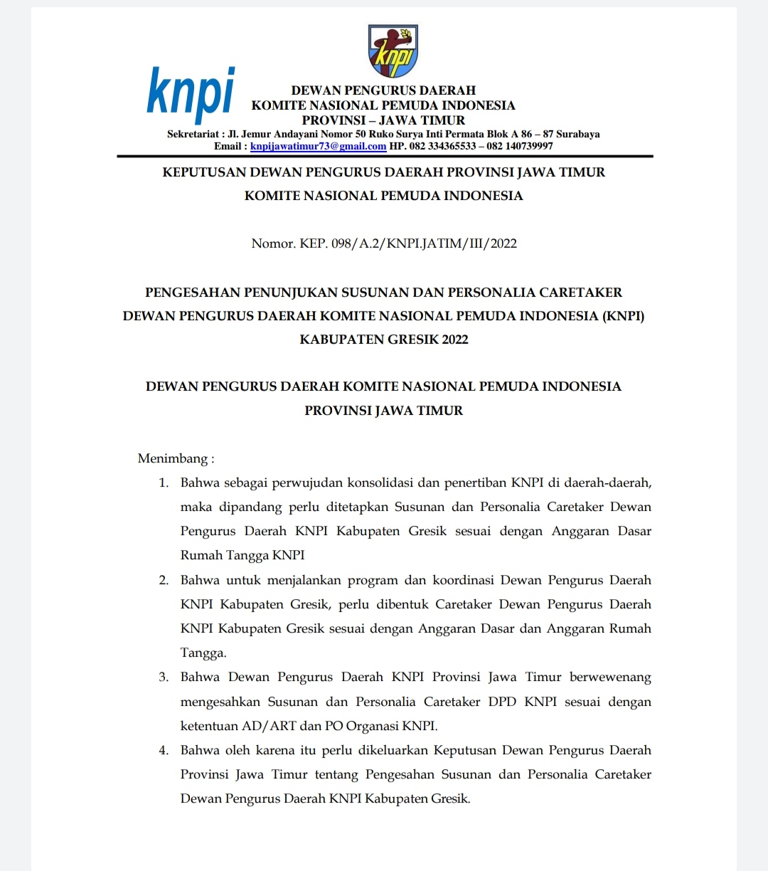 Delapan Tahun Tak Gelar Musda, Kepengurusan KNPI Gresik Diambil Alih Jatim