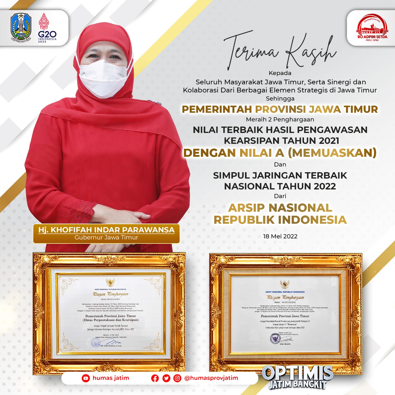 Lagi, Pemprov Jatim Borong Dua Penghargaan dari ANRI