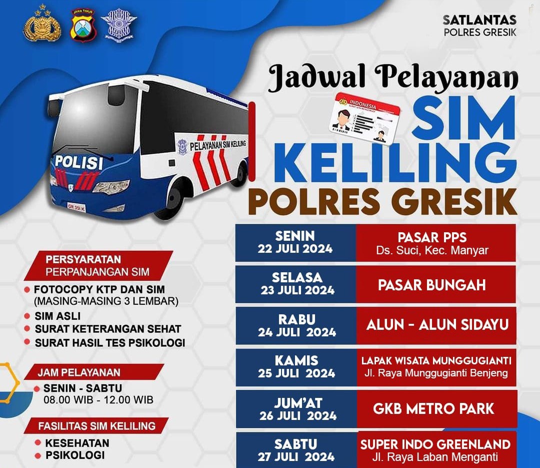 Jadwal Layanan SIM Keliling Minggu Ini di Gresik, Siapkan Berkasmu