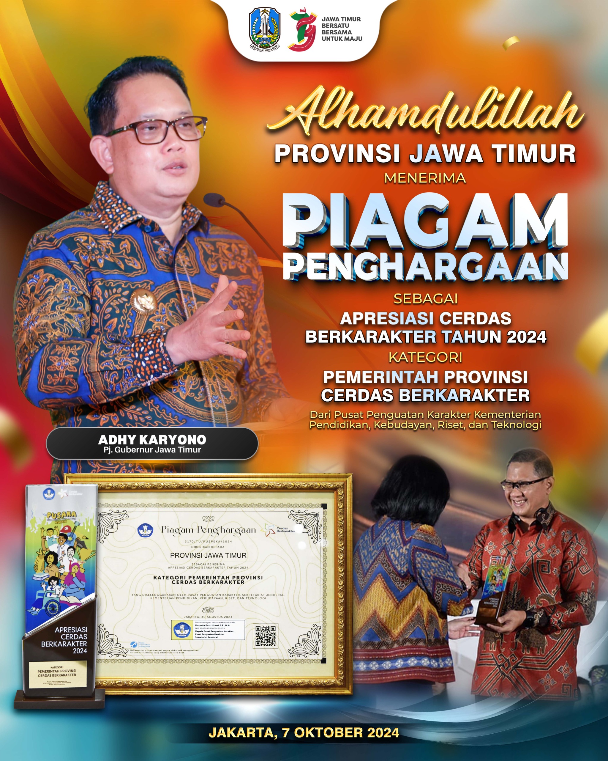Jatim Dinobatkan sebagai Provinsi Cerdas Berkarakter, Pj Gubernur Adhy: Bukti Kerja Keras dan Keseriusan Membangun Generasi Berkualitas