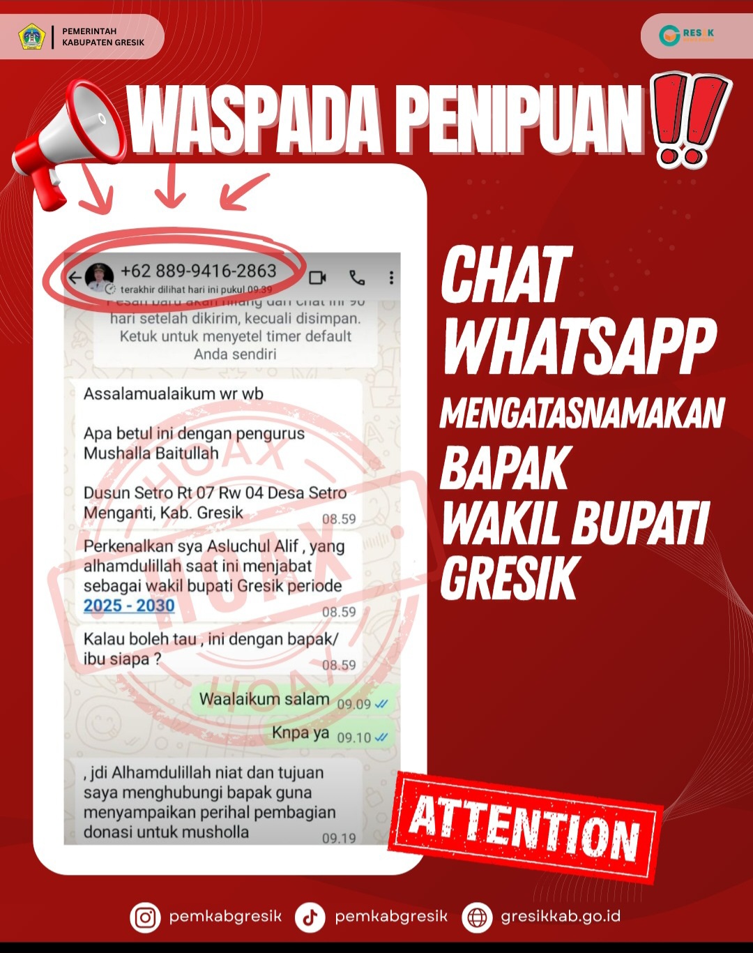 Waspada! Penipuan Mengatasnamakan Plt Bupati Gresik, Sasar Pengelola Ponpes dan Masjid