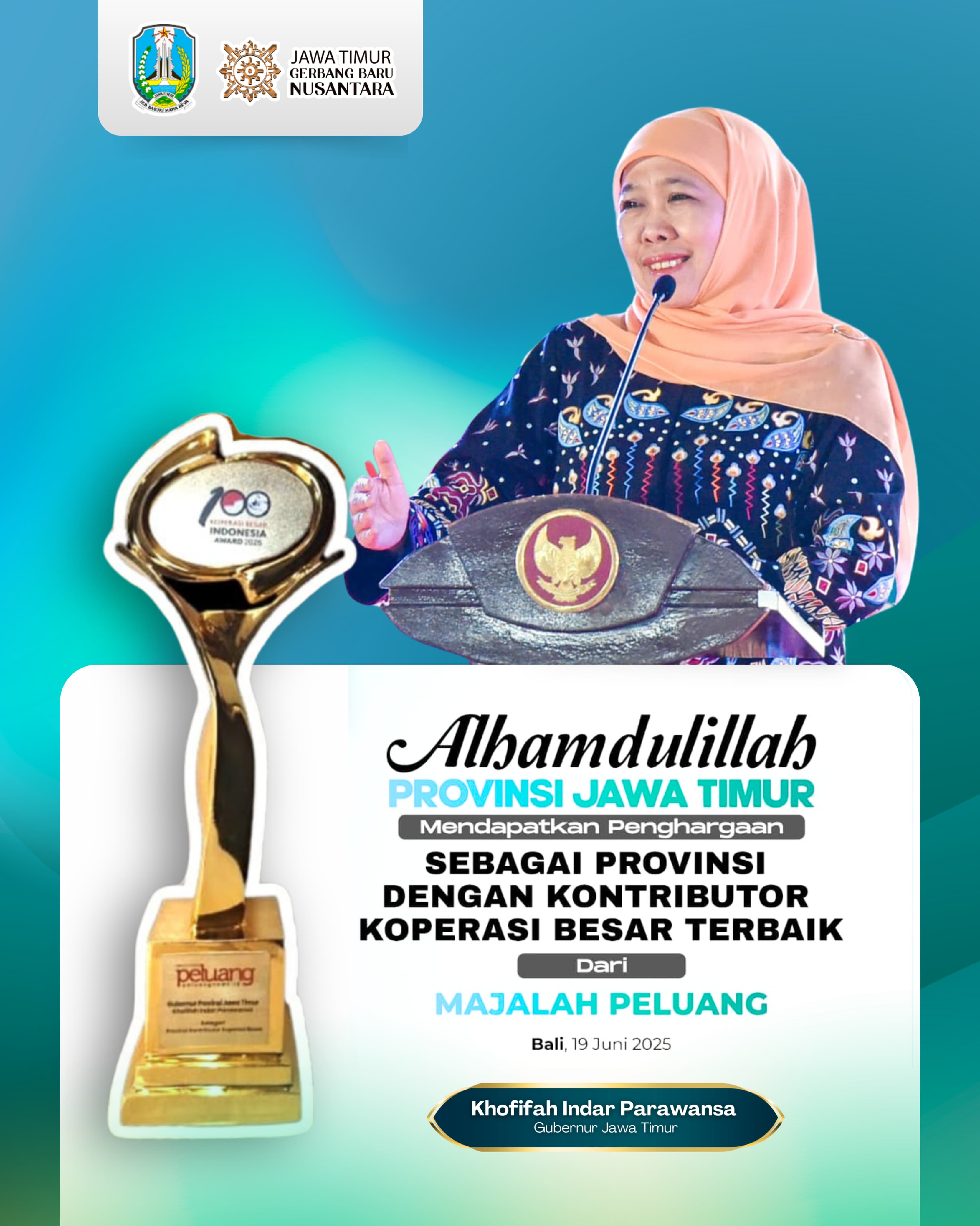 Jawa Timur Raih Penghargaan Kontributor Koperasi Besar Terbaik, Gubernur Khofifah: 28.534 Koperasi di Jatim Gerakkan Ekonomi Kerakyatan