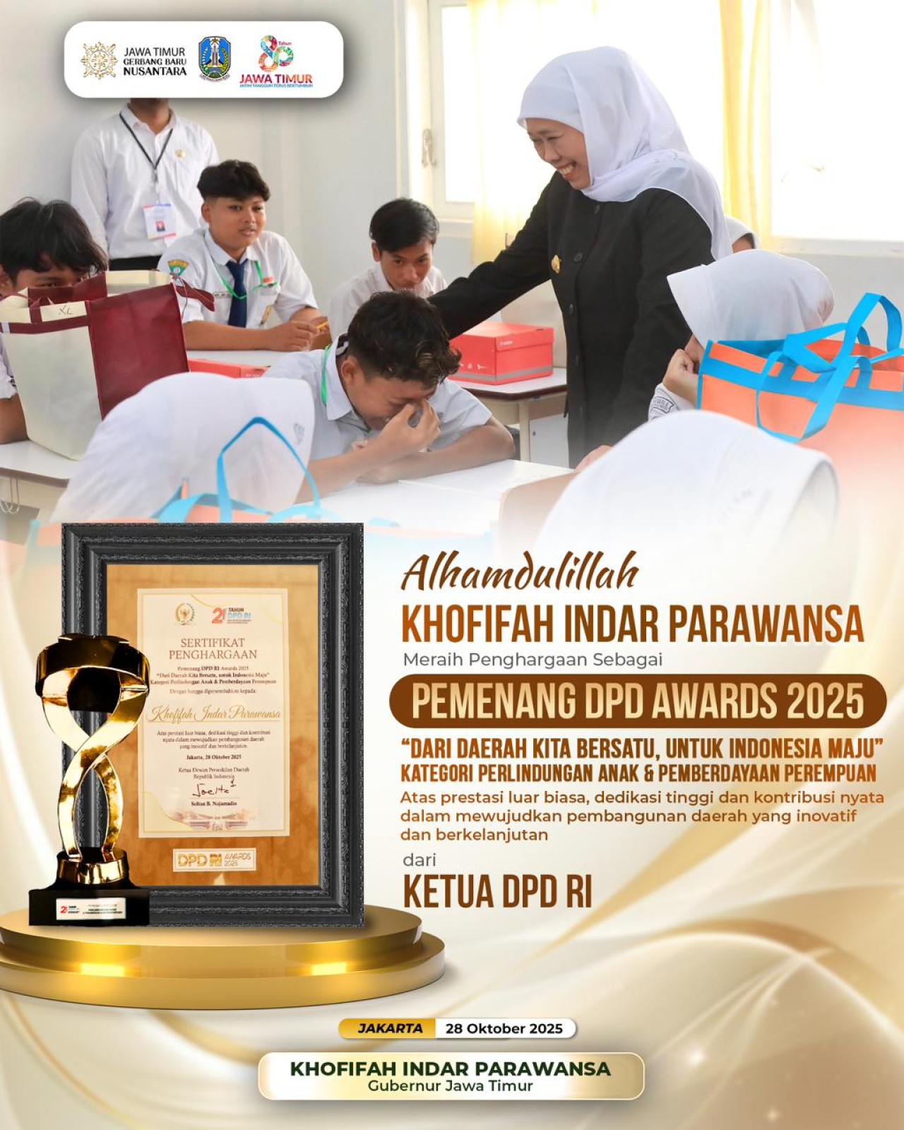 Gubernur Khofifah Raih DPD RI Awards 2025: Dedikasi Jatim untuk Perlindungan Anak dan Pemberdayaan Perempuan Diakui