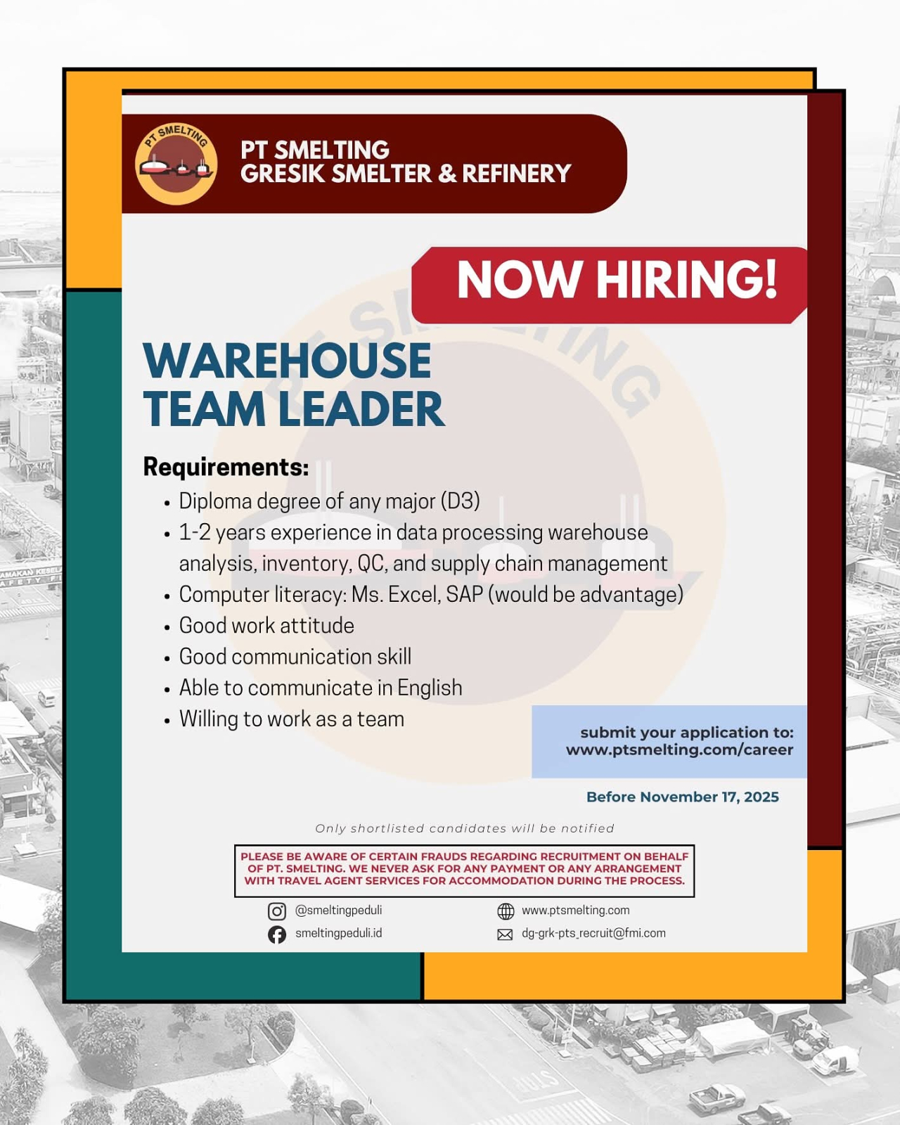 PT Smelting Buka Lowongan Kerja November 2025, Cek Posisi dan Syaratnya!