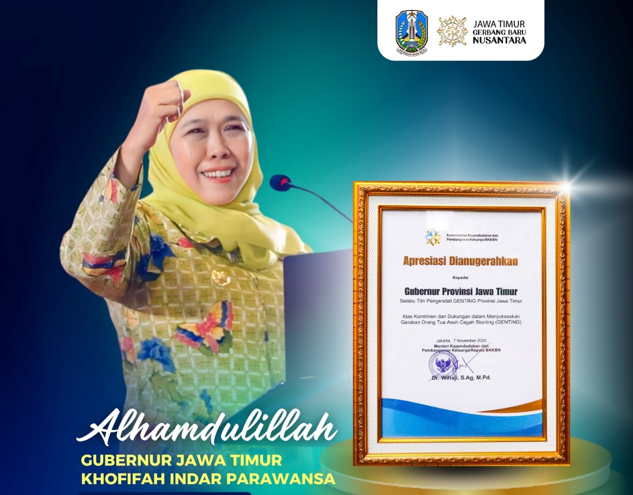 Gubernur Khofifah Raih Penghargaan BKKBN, Tegaskan Konsistensi Jawa Timur Turunkan Stunting