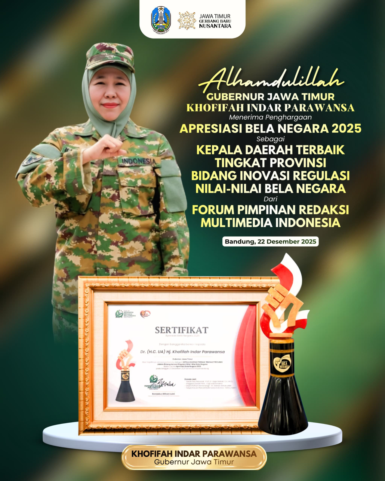 Gubernur Khofifah Raih Penghargaan Kepala Daerah Terbaik dari FPRMI, Bukti Komitmen Aksi Nyata Bela Negara