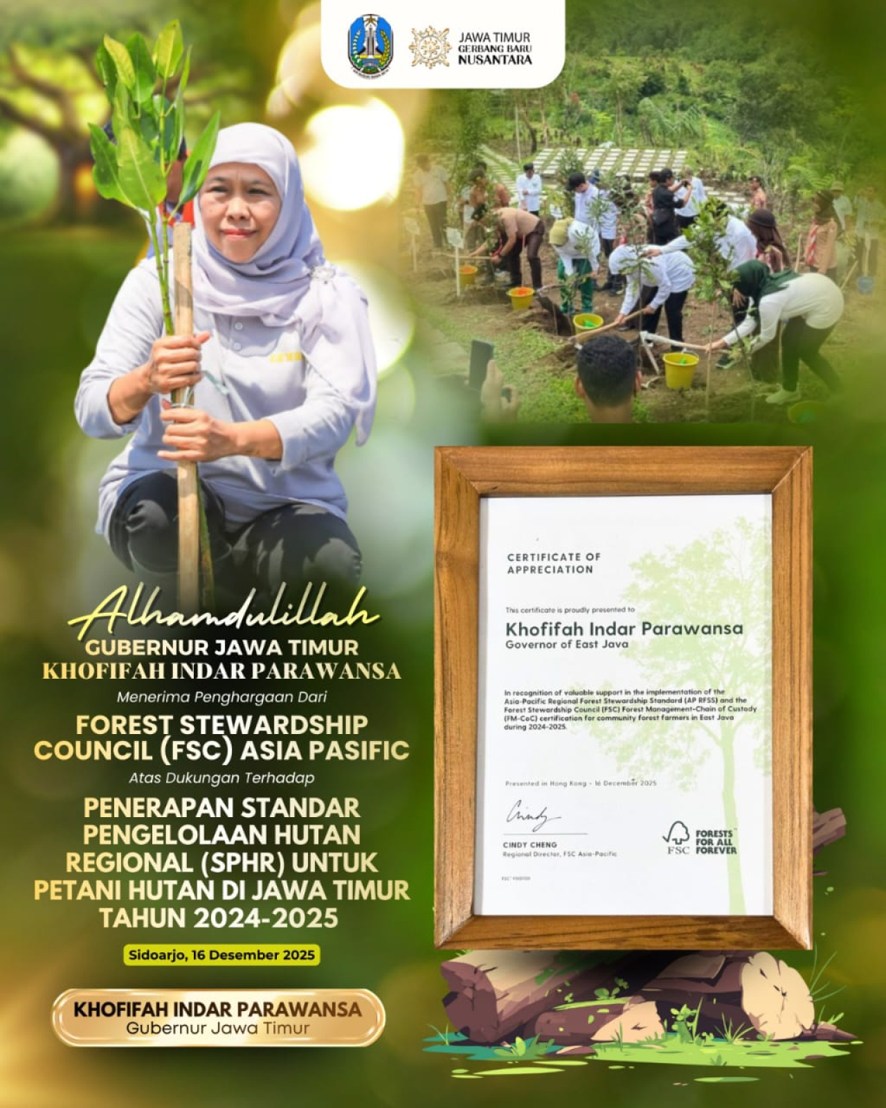 Komitmen Kelola Hutan Rakyat Berkelanjutan, Gubernur Khofifah Raih Apresiasi FSC Asia Pacific