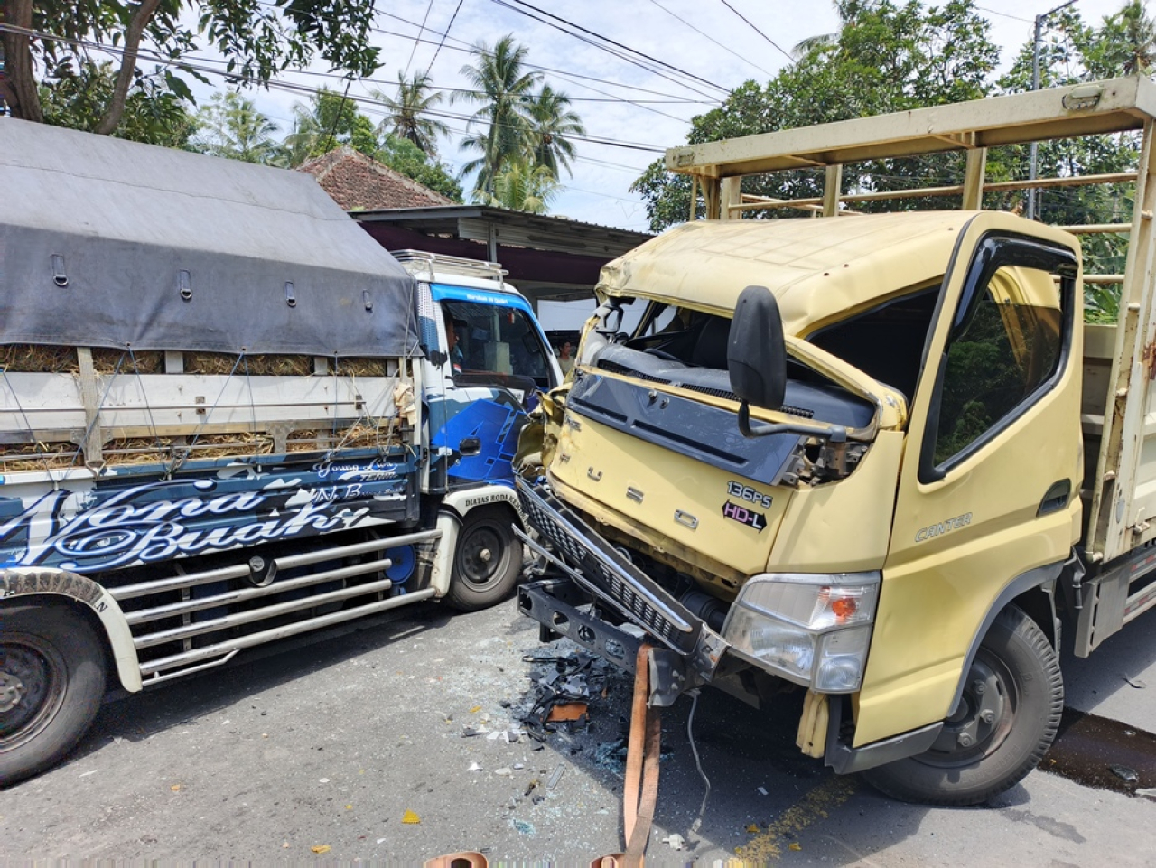 Diduga Sopir Mengantuk, Truk Fuso dan Box Adu Banteng di Jalur Nasional Jember–Banyuwangi