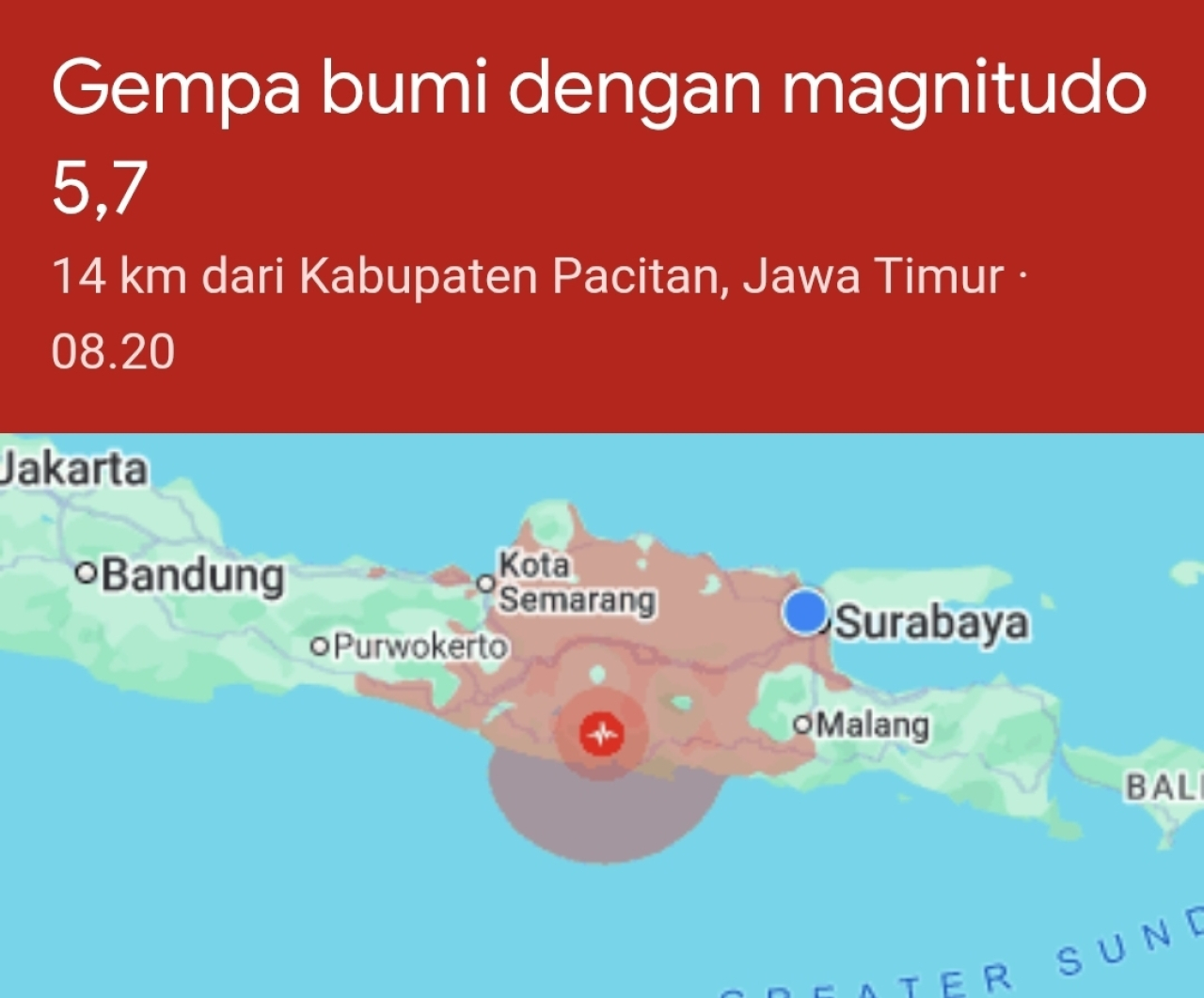 Jatim Selatan Digoyang Gempa Magnitudo 5,5 SR Pagi Ini