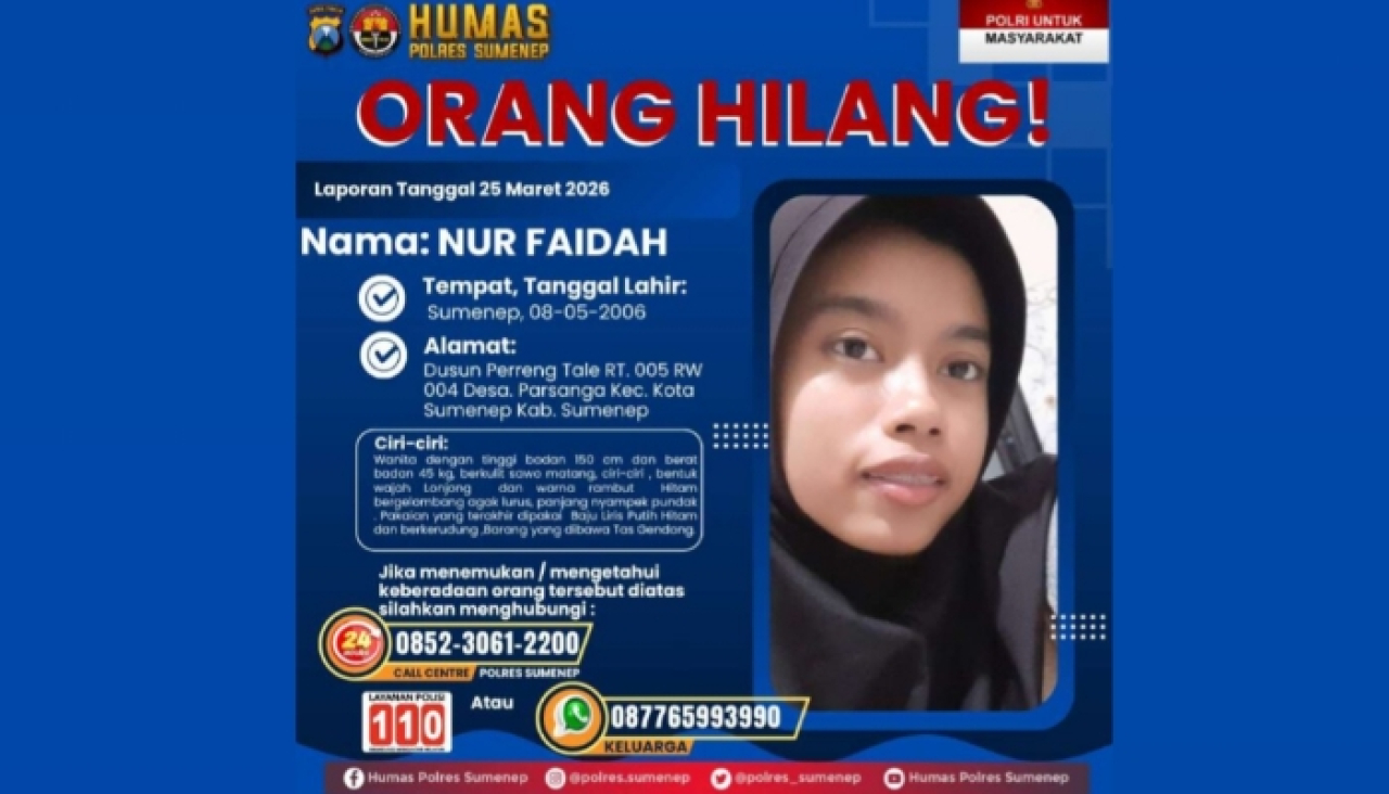Remaja 19 Tahun Asal Sumenep Menghilang, Polisi Minta Masyarakat Lapor Jika Melihat