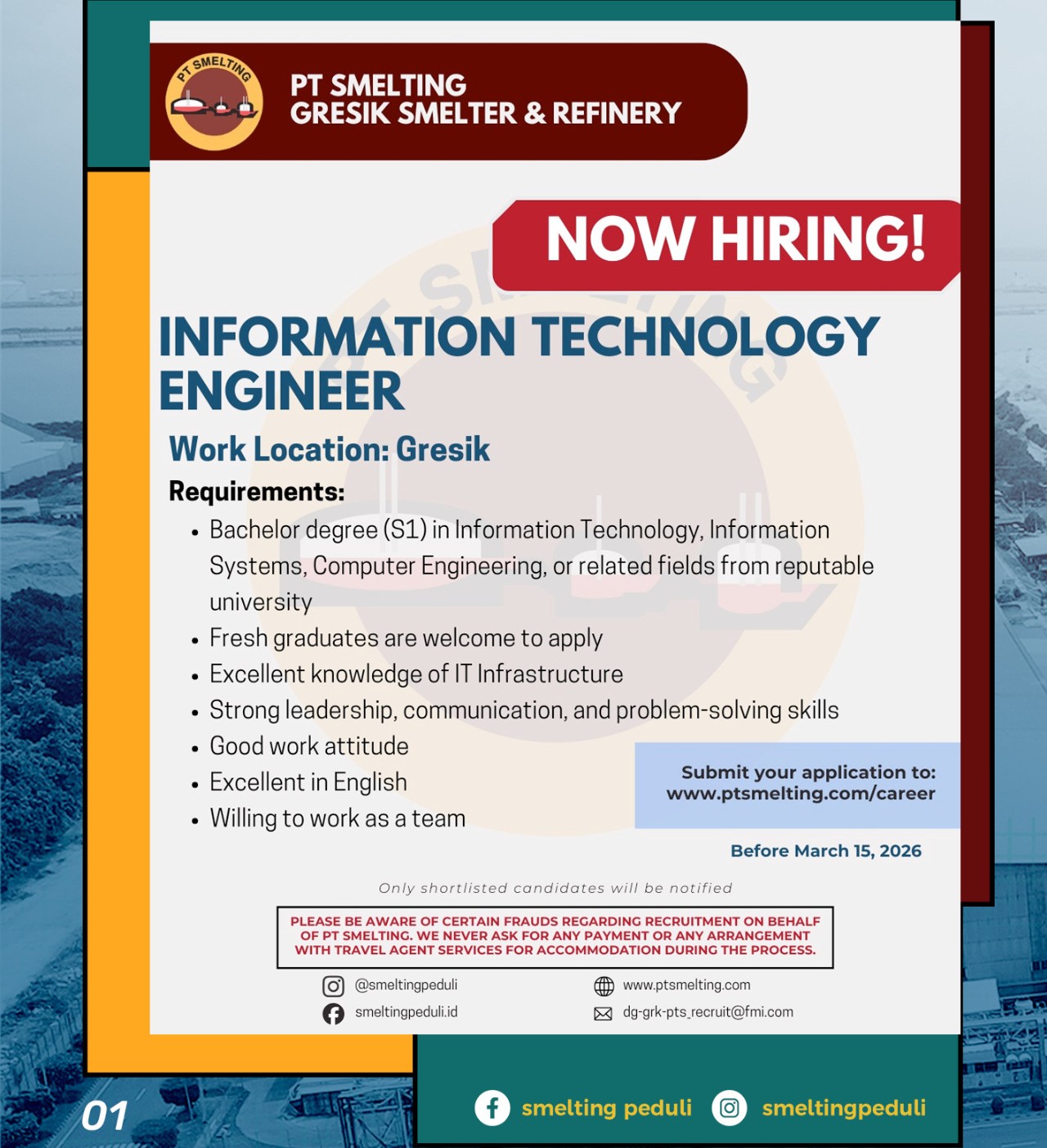 PT Smelting Buka Lowongan Kerja di Gresik, Dibutuhkan IT Engineer dan Accounting Senior Officer