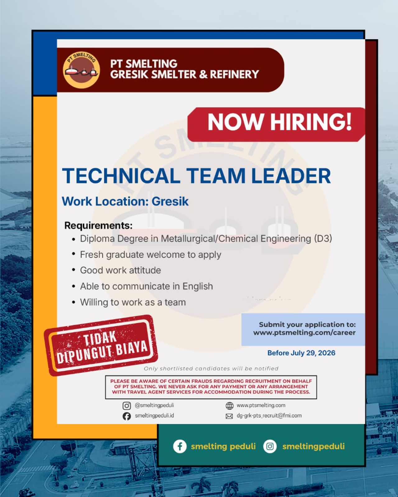 PT Smelting Gresik Buka Lowongan Kerja Technical Team Leader, Fresh Graduate D3 Dipersilakan Melamar